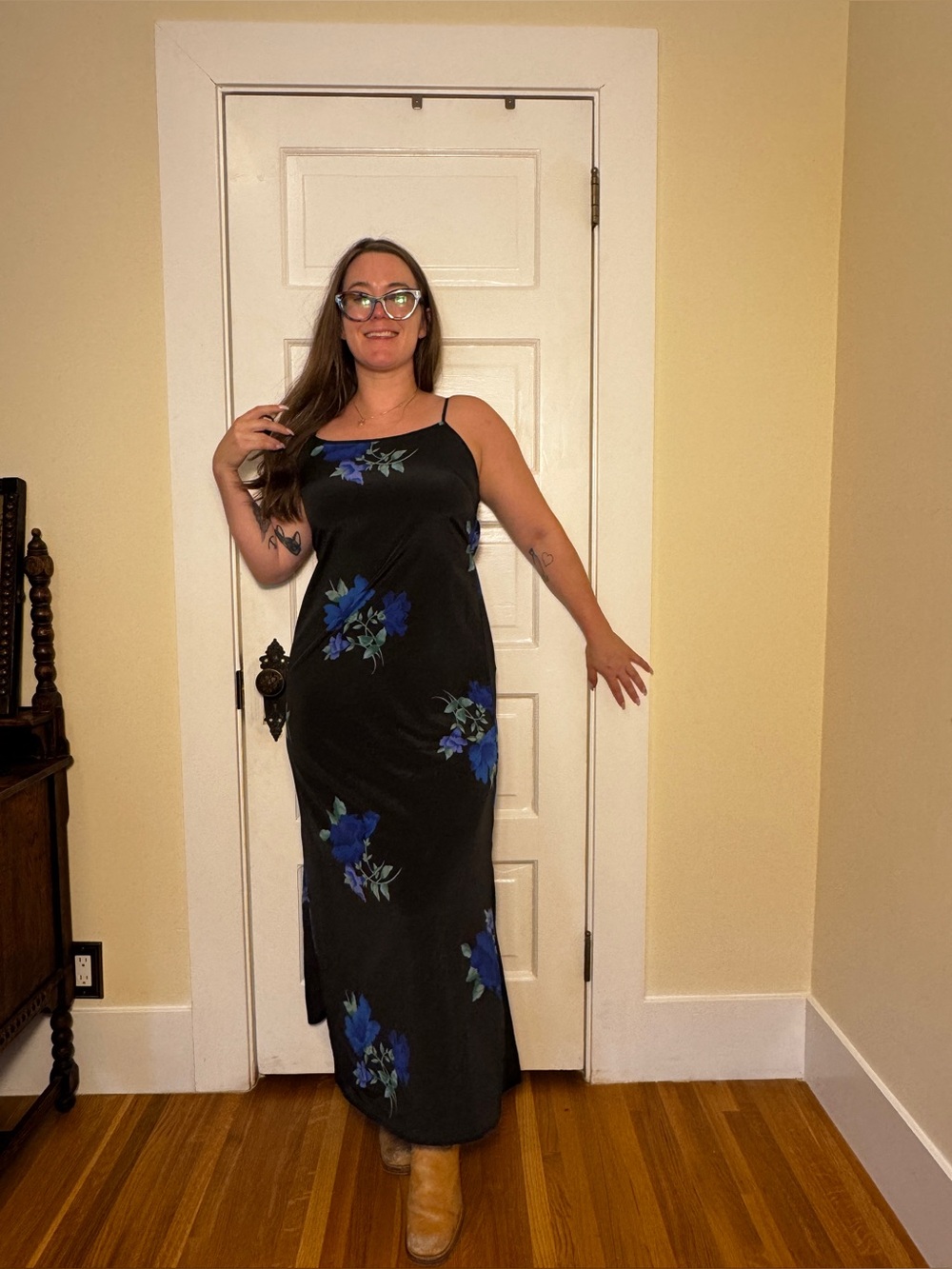 90s Vintage Black Slip Maxi Dress with Blue Flowers Sz M